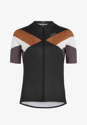 Maillot de cyclisme à manches courtes en noir, avec un design texturé et des accents orange, blanc et marron. Comprend une fermeture éclair sur le devant.