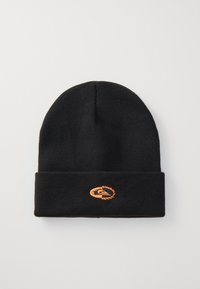 Black knit beanie with a folded cuff, featuring an orange embroidered logo on the front. Soft texture, simple design, and medium length.