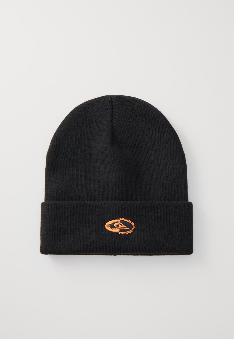 Black knit beanie with a folded cuff, featuring an orange embroidered logo on the front. Soft texture, simple design, and medium length.