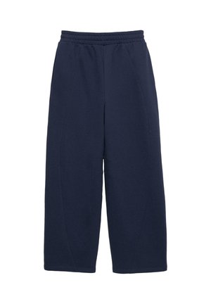 Pantalon de survêtement bleu marine à jambes larges, en tissu doux ; doté d'une taille élastique et de deux poches latérales sur les coutures.