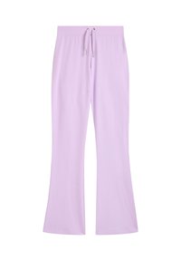 Helllilafarbene, ausgestellte Sweatpants mit elastischem Bund, Kordelzugdetail und weicher Textur. Verfügt über dezente Markenbranding in der Nähe des Bundes.