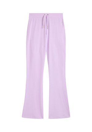 Pantaloni sportivi flare di colore viola chiaro con vita elastica, dettagli con cordino e texture morbida. Presentano una discreta branding vicino alla vita.