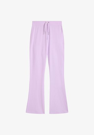 Helllilafarbene, ausgestellte Sweatpants mit elastischem Bund, Kordelzugdetail und weicher Textur. Verfügt über dezente Markenbranding in der Nähe des Bundes.