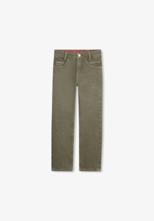 Khaki-colored jeans with a smooth texture, five pockets, button closure, and a red patterned waistband. Straight leg design.