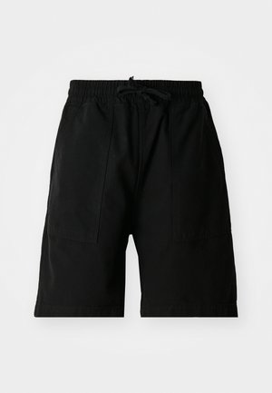 Black shorts made of cotton with an elastic waistband, drawstring, and two side pockets. Features a relaxed fit and smooth texture.