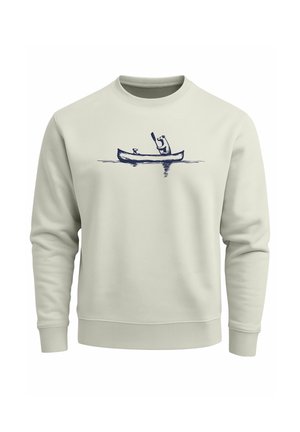 Hellgrauer Sweatshirt mit blauer Illustration eines Bären, der ein Kanu paddelt, versehen mit subtilem Textur und gerippten Bündchen und Saum.