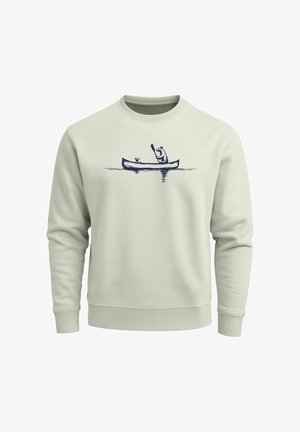 Hellgrauer Sweatshirt mit blauer Illustration eines Bären, der ein Kanu paddelt, versehen mit subtilem Textur und gerippten Bündchen und Saum.