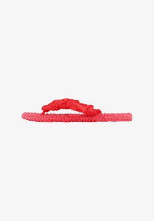 Red braided flip-flop featuring a ruffled satin strap. The sole is textured for grip, with a flat design and minimalistic style.