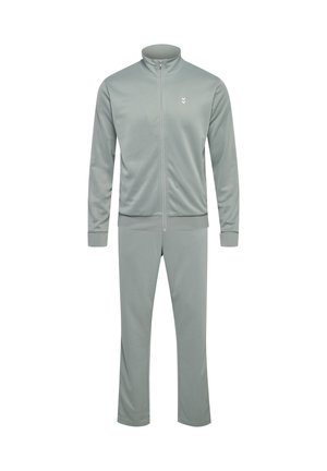 Lichtgrijze sporttracksuit van gladde stof, met een ritsjack met hoge kraag en bijpassende broek met strakke manchetten.