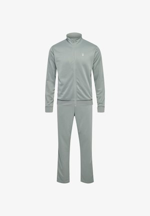 Lichtgrijze sporttracksuit van gladde stof, met een ritsjack met hoge kraag en bijpassende broek met strakke manchetten.