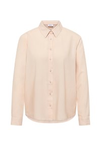 Chemise boutonnée rose pâle à manches longues avec col pointu et manches à revers, présentée sur un fond blanc.