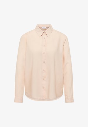 Langärmliges, hellrosa Hemd mit Knopfleiste, spitzem Kragen und geknöpften Manschetten, präsentiert vor weißem Hintergrund.