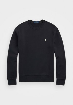 Felpa nera in tessuto morbido, con scollo rotondo, maniche lunghe, polsini a costine e un piccolo logo bianco sul petto.