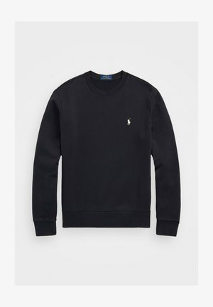 Felpa nera in tessuto morbido, con scollo rotondo, maniche lunghe, polsini a costine e un piccolo logo bianco sul petto.