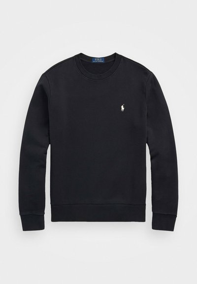 Felpa nera in tessuto morbido, con scollo rotondo, maniche lunghe, polsini a costine e un piccolo logo bianco sul petto.