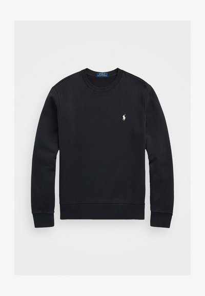 Felpa nera in tessuto morbido, con scollo rotondo, maniche lunghe, polsini a costine e un piccolo logo bianco sul petto.