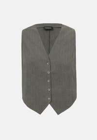 Veste sans manches grise à fines rayures, avec cinq boutons et col en V, cintrée avec un ourlet pointu.