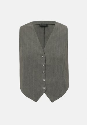 Veste sans manches grise à fines rayures, avec cinq boutons et col en V, cintrée avec un ourlet pointu.