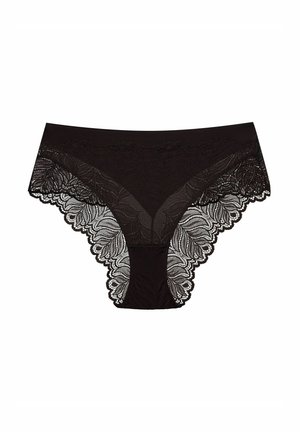 Schwarze Spitzenunterwäsche mit floralem Muster, gewellten Kanten und einem Netzmittelteil. Weicher Stoff mit elastischem Bund für Komfort.