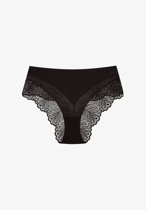 Black lace panties featuring a floral pattern, scalloped edges, and a mesh center panel. Soft texture with elastic waistband for comfort.