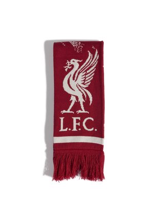 Kasztanowy szalik z białym godłem ptaka Liverpool Football Club, inicjałami "L.F.C." i frędzlami na końcach na białym tle.