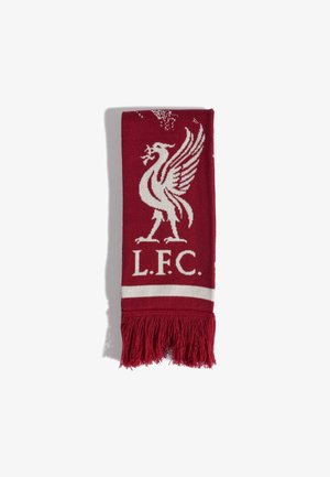 Kasztanowy szalik z białym godłem ptaka Liverpool Football Club, inicjałami "L.F.C." i frędzlami na końcach na białym tle.