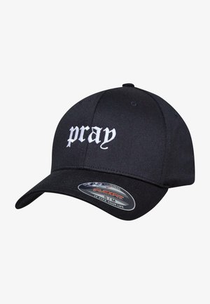 Black baseball cap made of fabric, features white embroidered text "pray" on the front, curved brim, and a Flexfit sticker on the side.