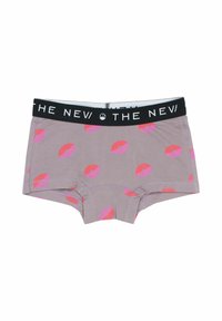 Sivé dámske boxerky s čiernym pásom s textom "THE NEW". Ozdobené vzorom odtlačkov pier v ružovej farbe. Mäkko tkanina, elastický dizajn.