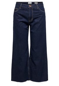 Mörkblå vida jeans i denim, med knappstängning, femficksdesign och ljusa sömnadsdetaljer längs sömmarna.