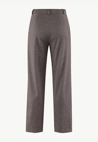 Grijze op maat gemaakte broek met een rechte pijpdesign, gemaakt van een gestructureerde stof, voorzien van een rits aan de voorkant, riemlussen en zonder zichtbare zakken.