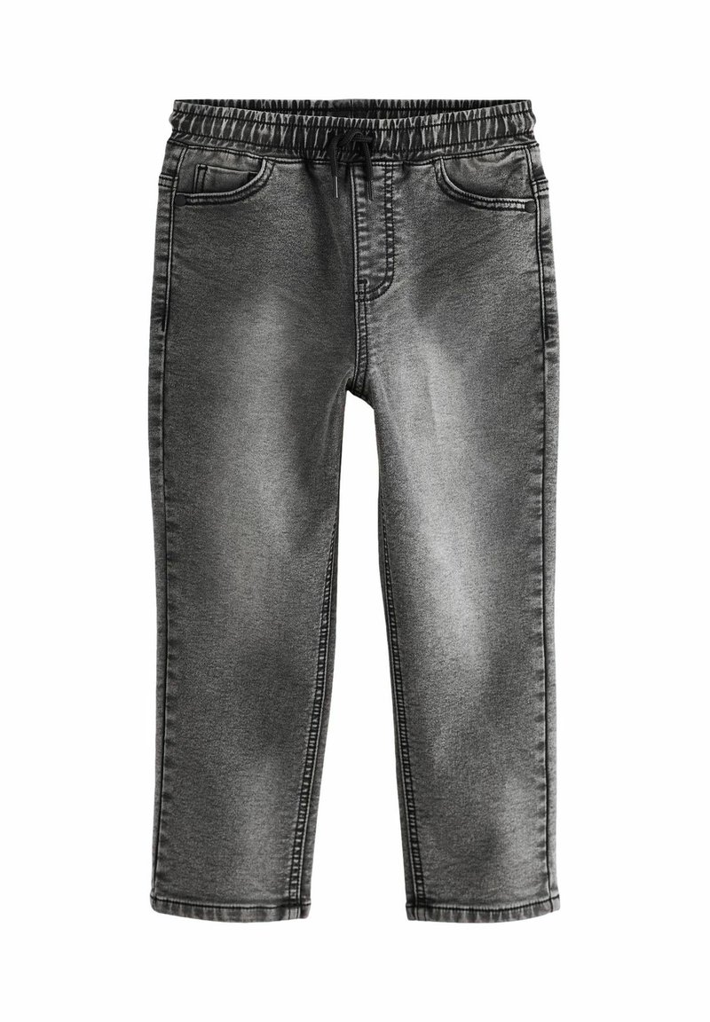 Jean slim gris délavé avec taille élastique, poches avant et cordon noir.
