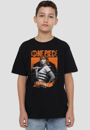 Black cotton t-shirt featuring a graphic design of a character from "One Piece" in orange and white, with text reading "Nami" and skull emblem.