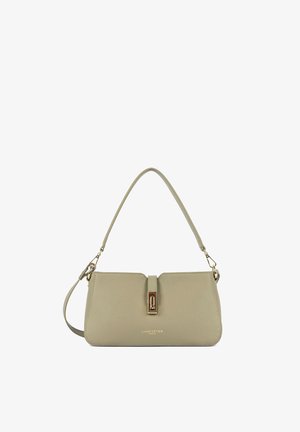 Petit sac à main en cuir beige avec détail de fermeture dorée et sangle courte, logo "Lancaster Paris" embossé au centre devant.