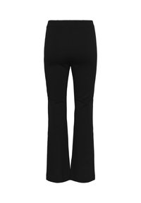 Pantaloni neri a zampa d'elefante realizzati in tessuto morbido, con un alto punto vita e una texture liscia, dotati di un retro senza cuciture e senza tasche visibili.