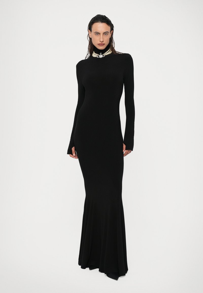 long sleeve black fishtail dress Adelpha Tulle Hem Fishtail Gown in Black