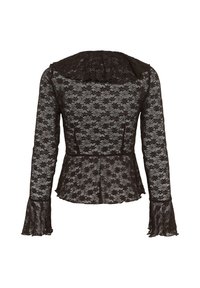 Blouse noire en dentelle à manches longues avec motif floral, taille peplum, poignets évasés et large col en dentelle, vue de dos.
