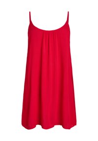 Rotes, ärmelloses Kleid mit lockerer Passform, rundem Ausschnitt, gerafftem Detail an der Vorderseite und fließender Stofftextur.