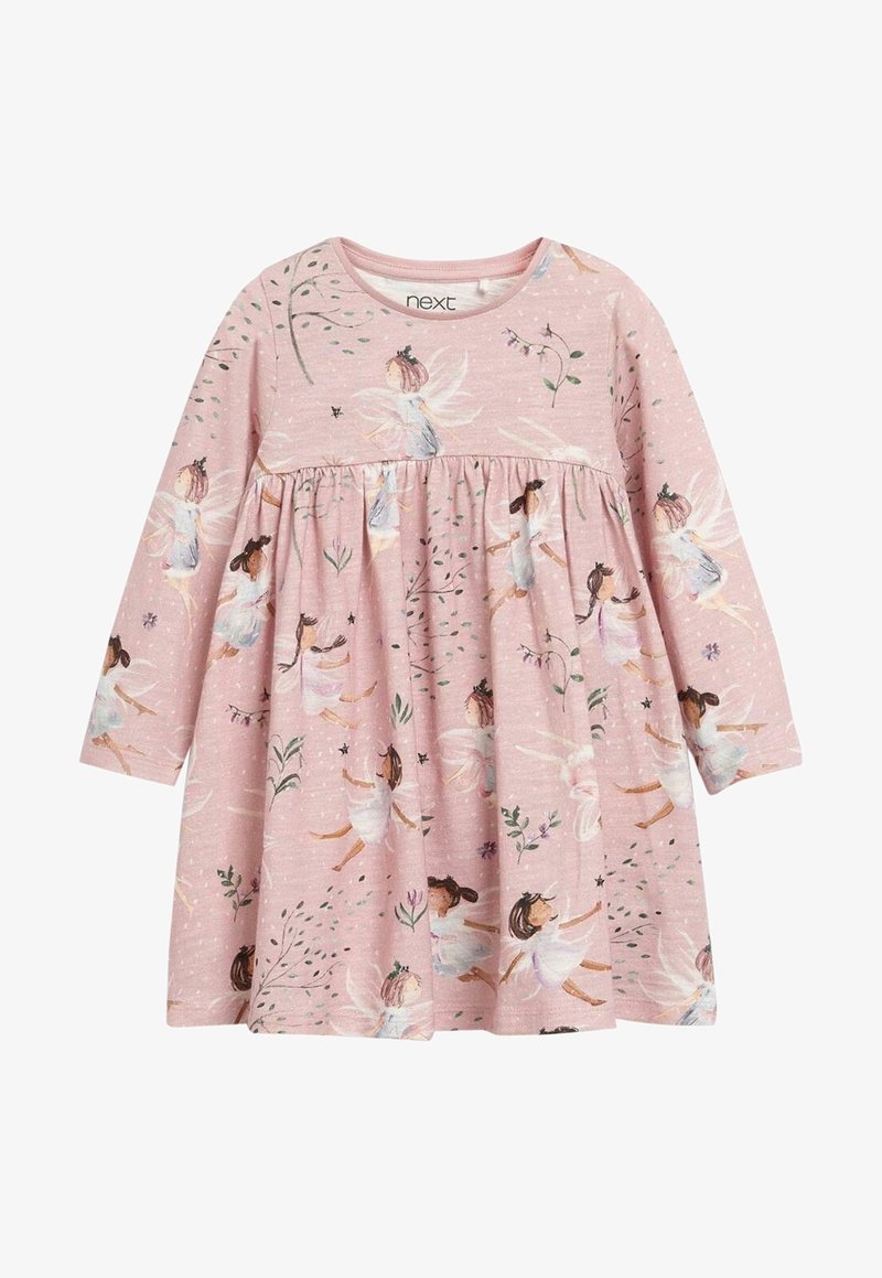 Vestido rosa de manga larga con cintura fruncida e ilustraciones de hadas y flores, hecho de una suave tela texturizada.