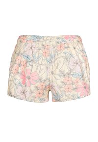 Shorts med blommönster i ljus krämfärgad tyg, med rosa och blå blommor samt gröna blad, elastisk midja och avslappnad passform.
