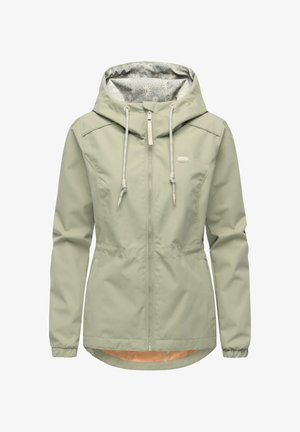 Lysegrøn hættejakke til kvinder med forlynlås, justerbare snore, elastiske manchetter og foer i hætten med blomsterprint.