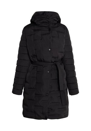 Schwarze gepolsterte Jacke mit Kapuze, tailliert mit Gürtel, Druckknöpfen und gestepptem Design. Die Ärmel sind lang und leicht weit geschnitten.