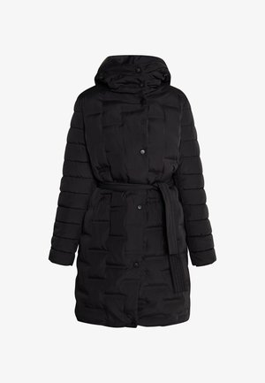 Schwarze gepolsterte Jacke mit Kapuze, tailliert mit Gürtel, Druckknöpfen und gestepptem Design. Die Ärmel sind lang und leicht weit geschnitten.