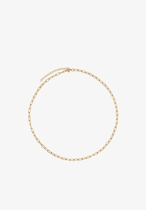 Collier en chaîne de couleur or avec des maillons allongés, doté d'un fermoir ajustable avec une petite extension de chaîne pour personnaliser la taille.