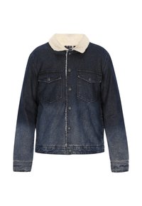 Farmerdzseki világos bézs sherpa gallérral, sötétkék gradienssel, két gombos zsebbel a mellrészen és patentos elülső záródással.