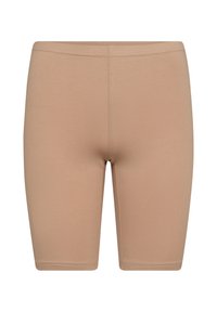 Beige tights shorts lavet af strækbart materiale, med elastisk talje og glat tekstur, uden mønstre eller accenter.