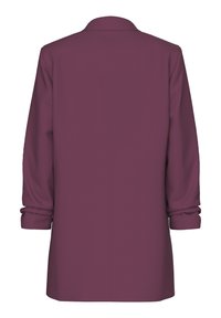 Lång blus i plommonfärg med en slät yta, spetsig krage och uppvikta ärmar, med en rak modell och utan knäppningar.