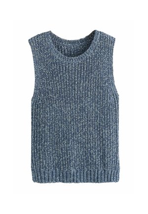 Kékeszürke kötött ujjatlan pulóver mellény bordás, kerek nyakkivágással, karöltőkkel és szegéllyel.
