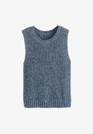 Kékeszürke kötött ujjatlan pulóver mellény bordás, kerek nyakkivágással, karöltőkkel és szegéllyel.