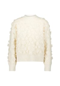 Kremfarvet sweater med ribbet tekstur og dekoreret med blomsterapplikationer over hele overfladen. Rund halsudskæring og lange ærmer.