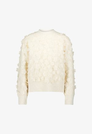 Sahnefarbener Pullover mit gerippter Textur und mit floralen Applikationen über die gesamte Oberfläche verziert. Rundhalsausschnitt und lange Ärmel.